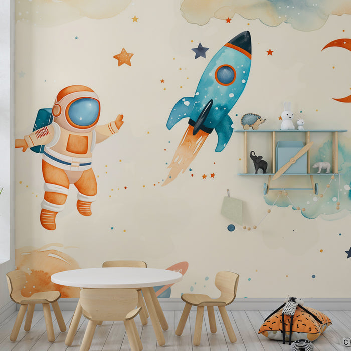 Papel de parede criança | Aventura espacial onírica com astronautas e foguetões