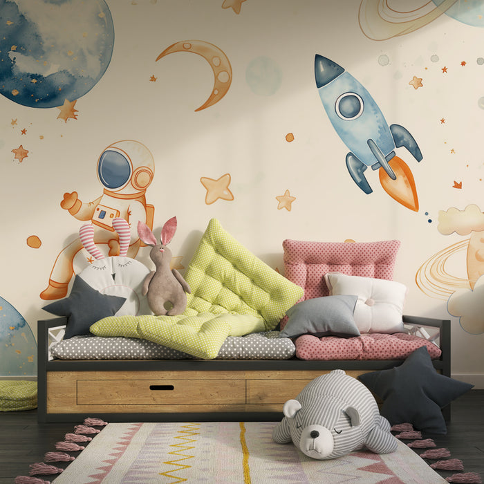 Kids room wallpaper | Soft and starry space adventure