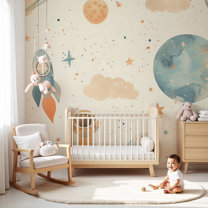 Papier peint chambre enfant | Fusées, planètes et astronautre aux tons pastels