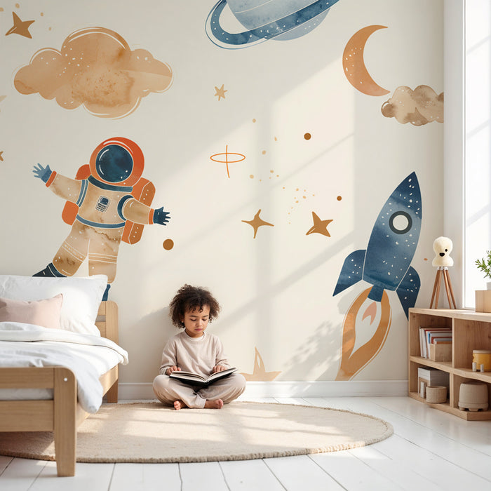 Papel pintado infantil | Aventura espacial suave y soñadora