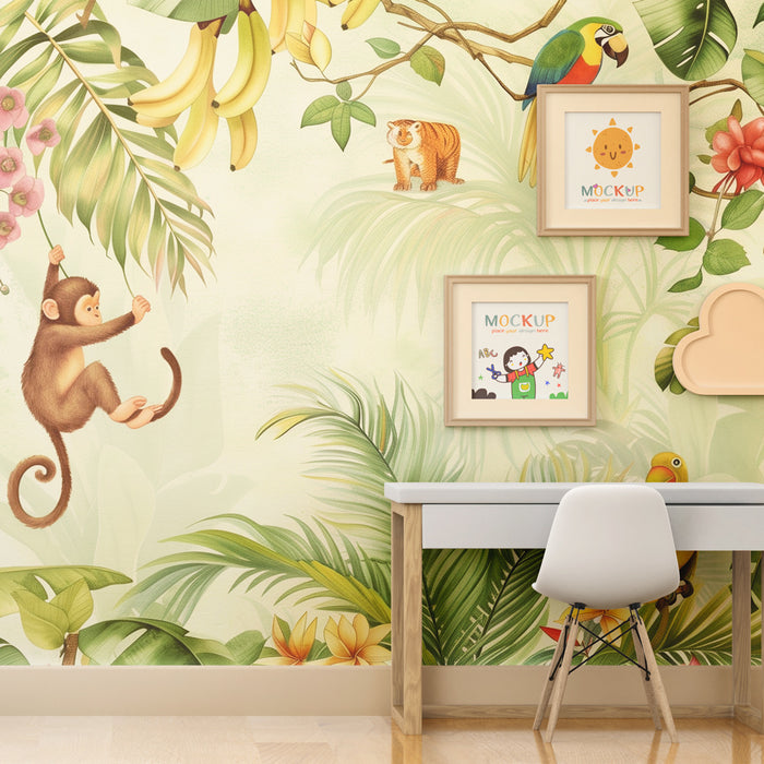 Papel de parede criança | Selva exótica com animais coloridos e folhagem luxuriante