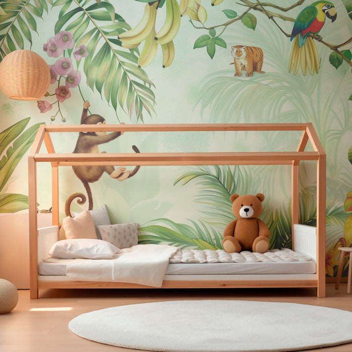 Papel de parede criança | Selva exótica com animais coloridos e folhagem luxuriante