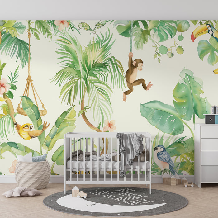 Papel de parede criança | Selva exótica com animais brincalhões e folhagem luxuriante