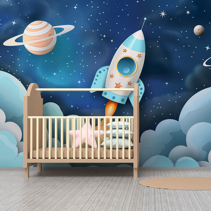 Kinderkamer behang | Nachtblauwe ruimte met raket en sterrenplaneten