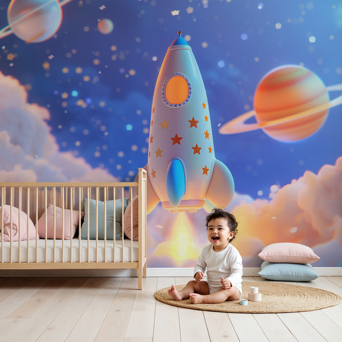 Kinderzimmer Tapete | Rakete mit Sternen in einem märchenhaften galaktischen Himmel