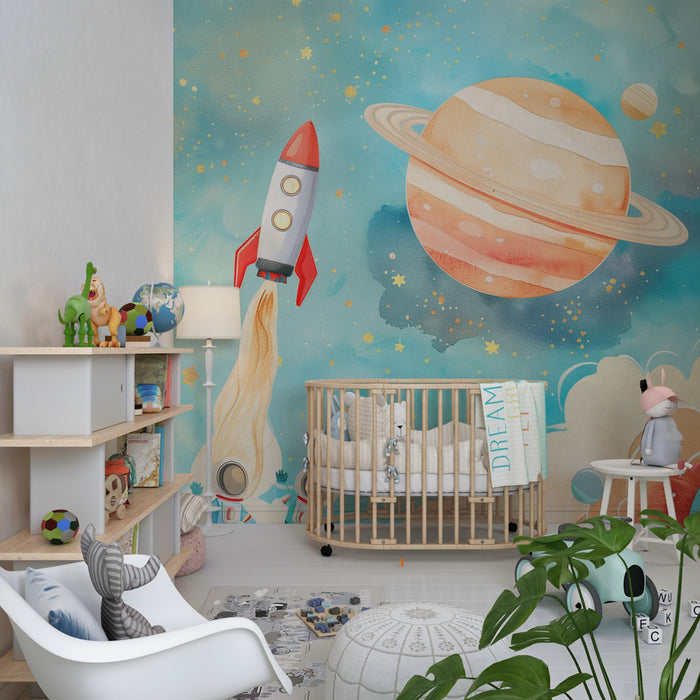 Papier peint chambre enfant | Aquarelle spatiale avec fusées et planètes