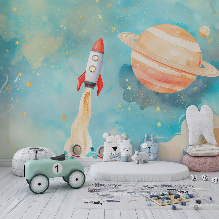 Papier peint chambre enfant | Aquarelle spatiale avec fusées et planètes