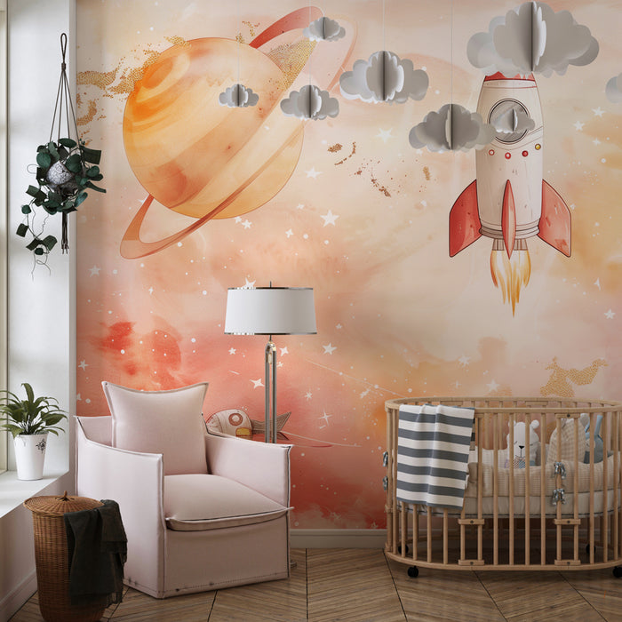 Papel pintado infantil | Aventura espacial y nubes estrelladas