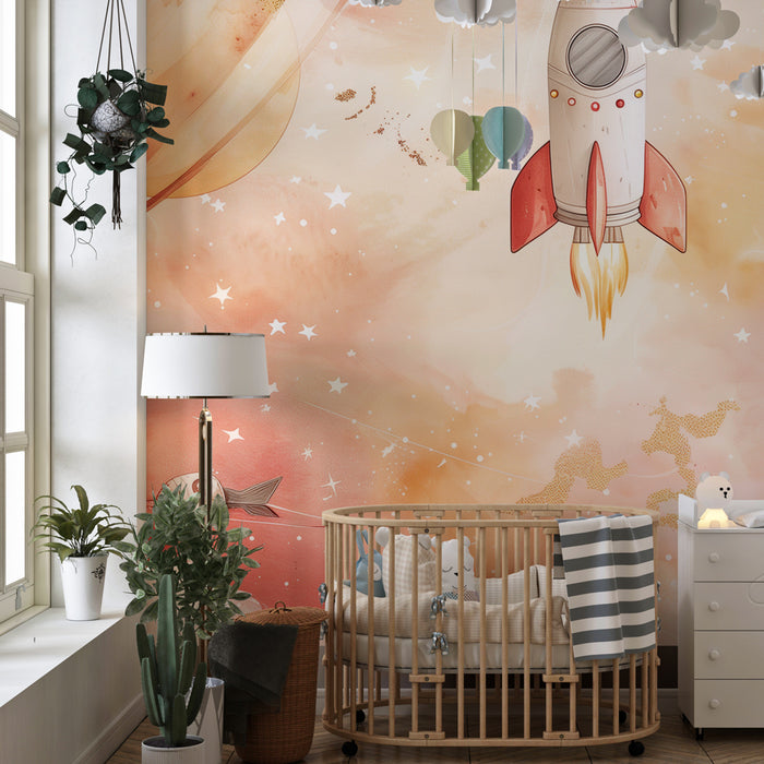 Papel pintado infantil | Aventura espacial y nubes estrelladas
