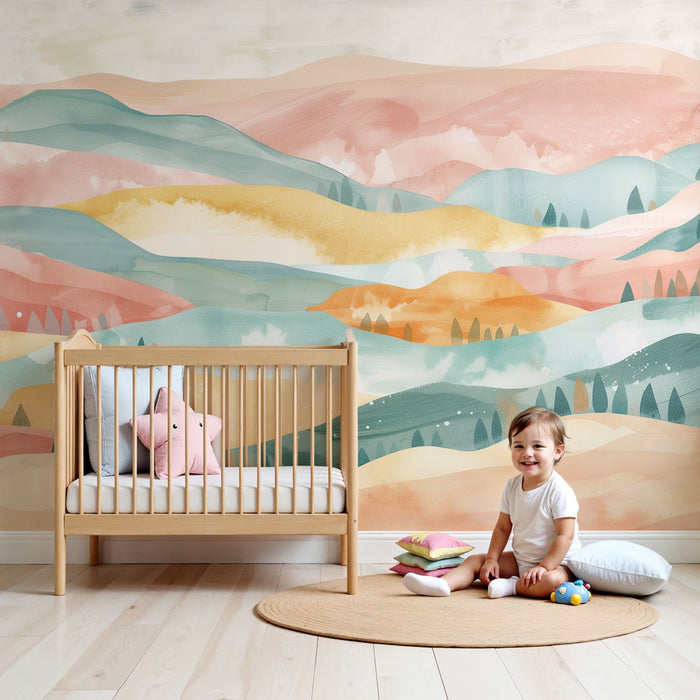 Papel pintado infantil | Paisaje acuarela pastel y colinas oníricas