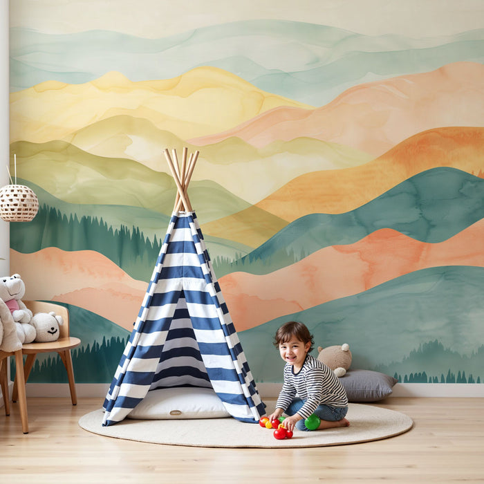 Nursery room wallpaper | Pasztell hegyi vízfestményes tájkép