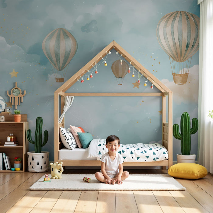 Nursery room wallpaper | Dreamy hot air balloons and starry clouds