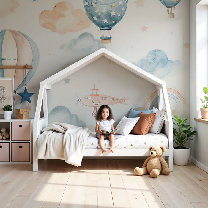 Nursery room wallpaper | Lufi és pasztellfelhők álmodozók