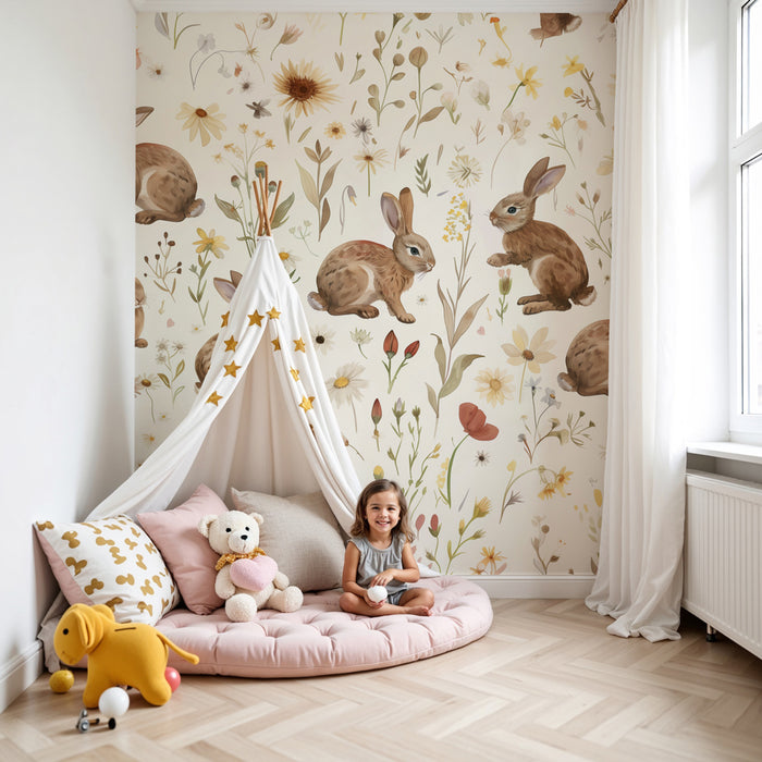 Papel de parede criança | Coelhos e flores campestres em aquarela