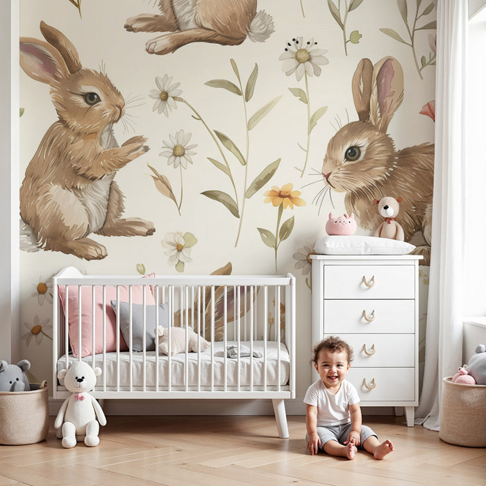 Papel pintado infantil | Conejos traviesos y pradera florida