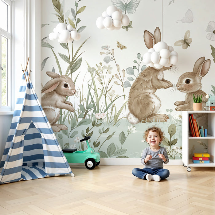 Nursery room wallpaper | Playful rabbits and enchanted meadow