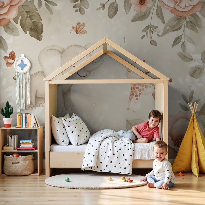 Nursery room wallpaper | Gyengéd virágos mintával és pajkos elefánttal és zsiráfokkal