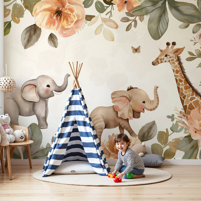 Nursery room wallpaper | Safari virágokkal, elefántokkal és zsiráfokkal