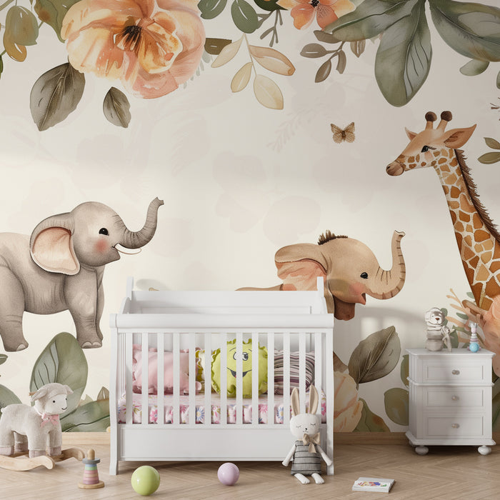 Papel de parede quarto bebê | Safari floral com elefantes e girafa