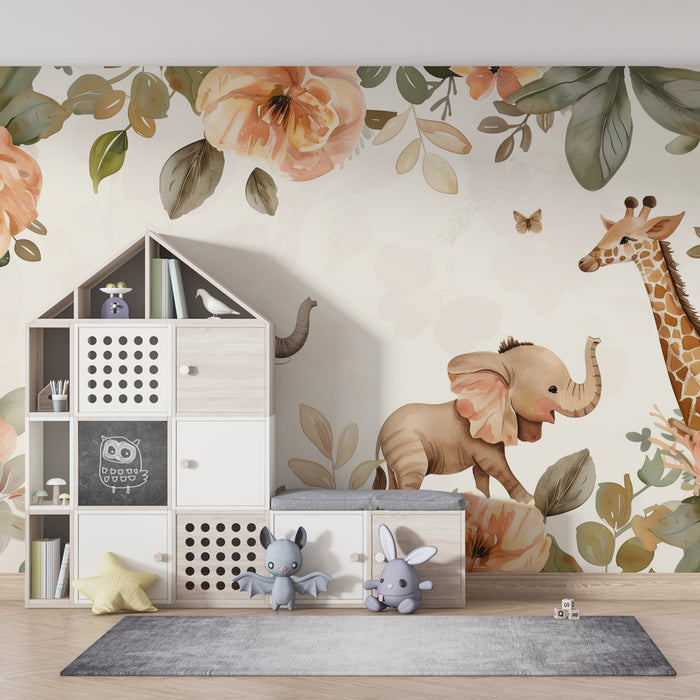 Papel de parede quarto bebê | Safari floral com elefantes e girafa