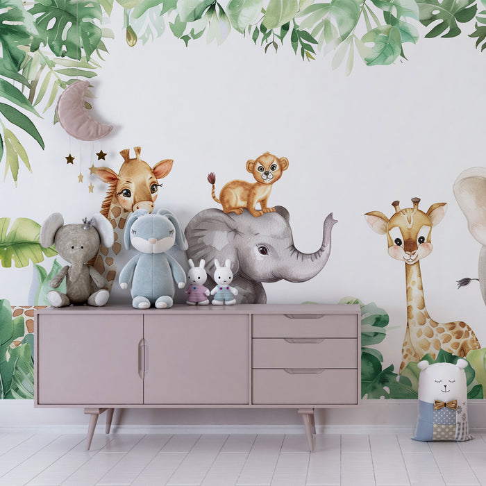 Papel pintado infantil | Safari encantado con animales y follaje tropical