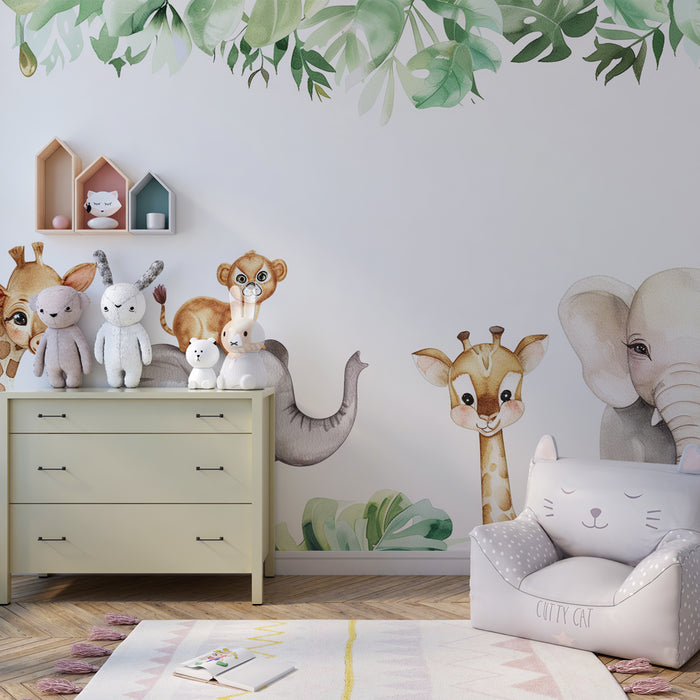 Papel pintado infantil | Safari encantado con animales y follaje tropical
