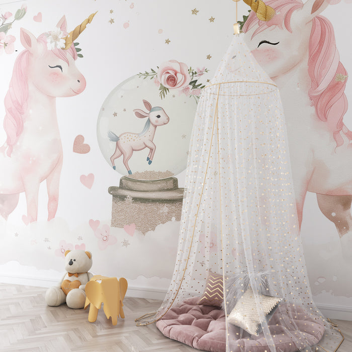 Papel pintado infantil | Unicornios encantados y flores de cerezo