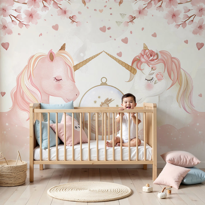 Nursery room wallpaper | Álmodozó unikornisok és akvarell cseresznyevirágok