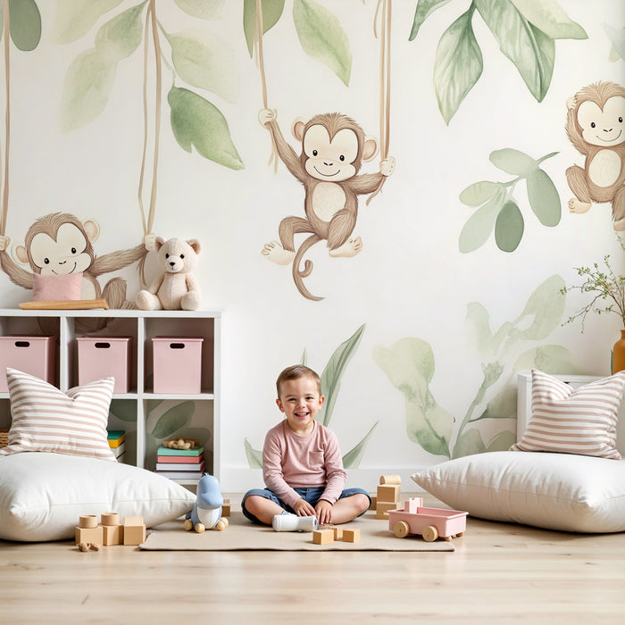 Nursery room wallpaper | Playful monkeys and lush tropical foliage