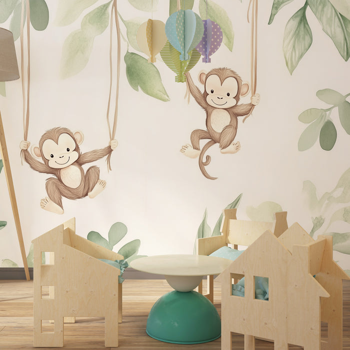 Babyzimmer Tapete | Verspielte Affen und üppiges tropisches Laub