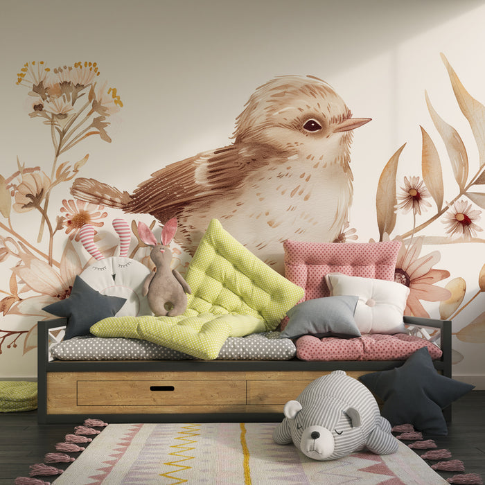 Babykamer behang | Klein vogeltje en pastel bloemen in aquarel
