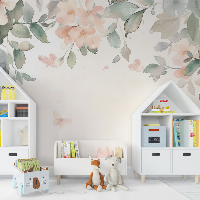 Tapet cameră bebeluș | Delicatețe florală și fluturi pastel