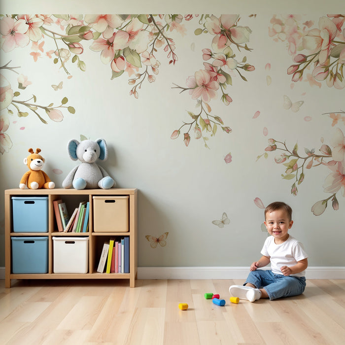 Papel pintado infantil | Dulzura floral y mariposas en acuarela