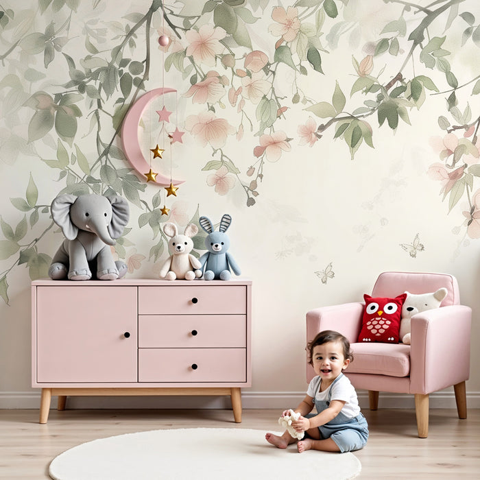 Nursery room wallpaper | Gyengéd virágok, zöld levelek és pillangók