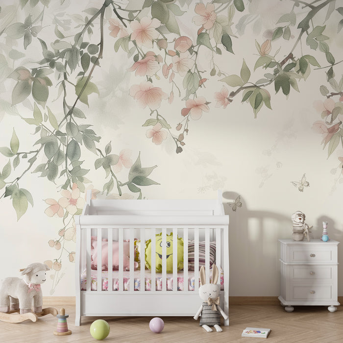 Papel de parede quarto bebê | Suavidade floral, folhas verdes e borboletas