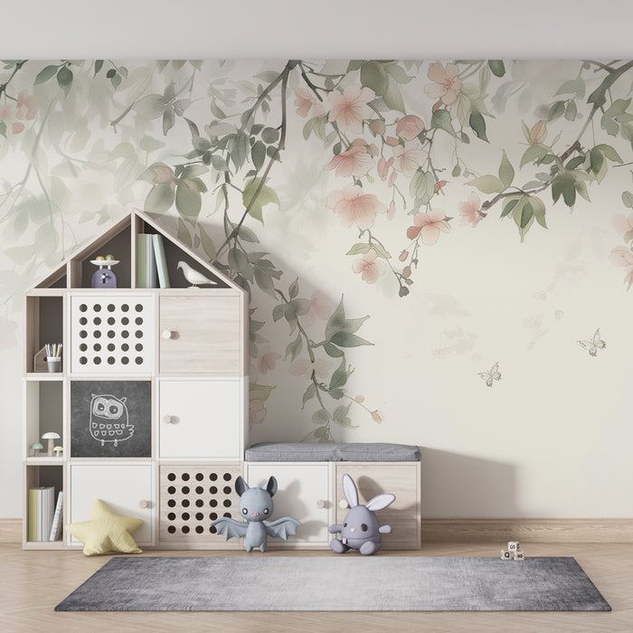 Papel de parede quarto bebê | Suavidade floral, folhas verdes e borboletas