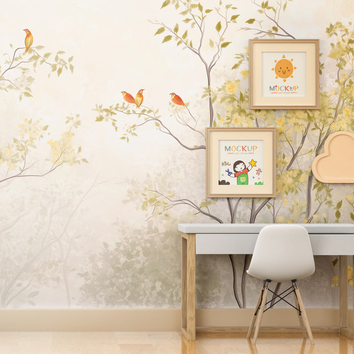 Babyzimmer Tapete | Verzauberter Wald mit singenden Vögeln und zartem Laub