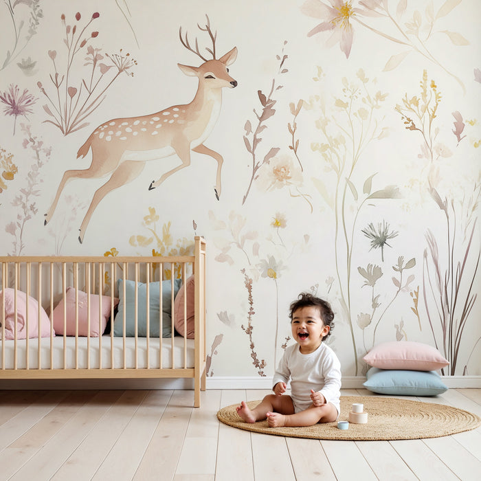 Nursery room wallpaper | Enchanted deer and pastel flowers