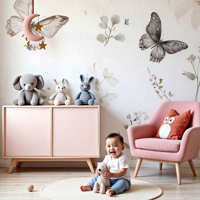 Papel de parede quarto bebê | Borboletas e flores em aquarela suave