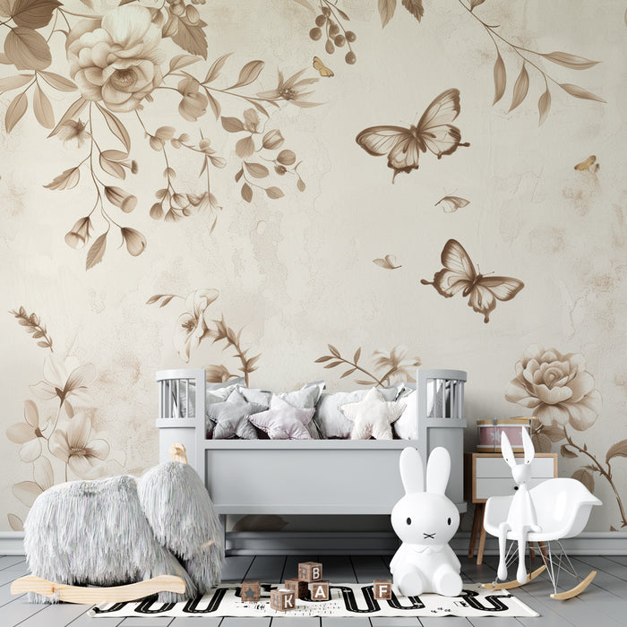 Tapet barnerom | Vintage blomsterflukt med sepia sommerfugler