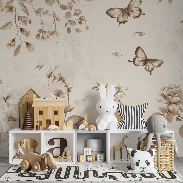 Tapet barnerom | Vintage blomsterflukt med sepia sommerfugler
