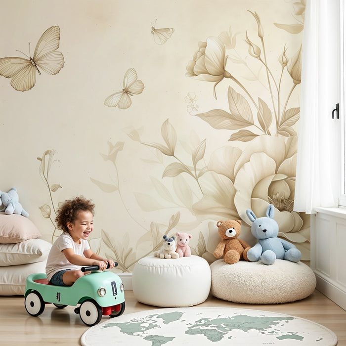 Babykamer behang | Sépia bloemen ontsnapping met delicate vlinders