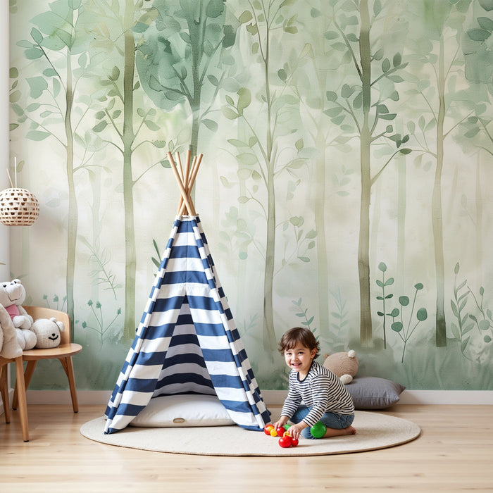 Kinderzimmer Tapete | Verzauberter Wald in Pastelltönen und zartem Laub