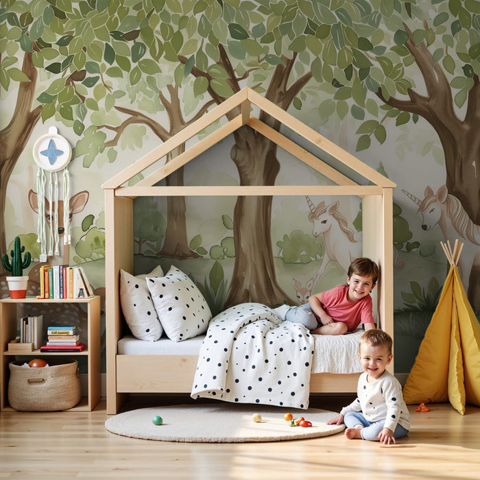 Nursery room wallpaper | Varázslatos erdő szarvasokkal és méltóságteljes unikornisokkal