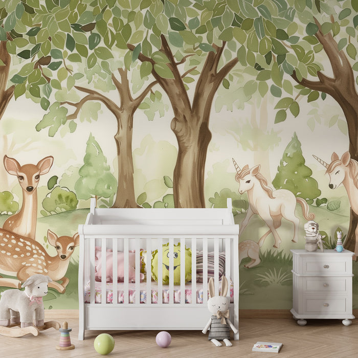 Nursery room wallpaper | Varázslatos erdő szarvasokkal és méltóságteljes unikornisokkal