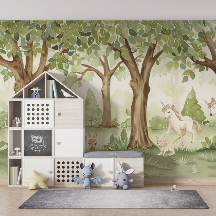 Nursery room wallpaper | Varázslatos erdő szarvasokkal és méltóságteljes unikornisokkal