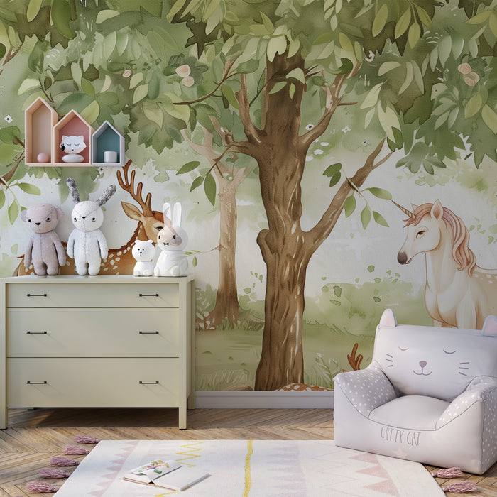 Kinderkamer behang | Groene bos met herten en majestueuze eenhoorn