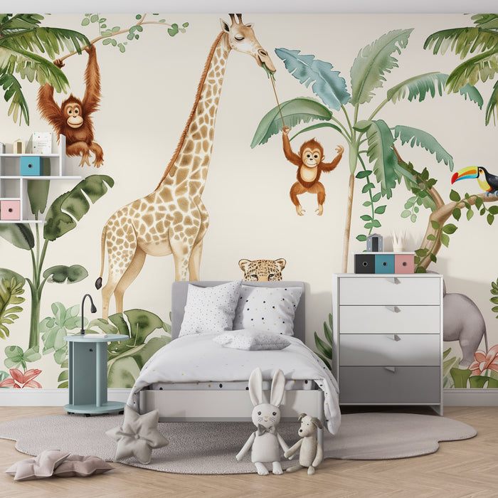 Papel de parede criança | Selva exótica com animais e folhagem luxuriante