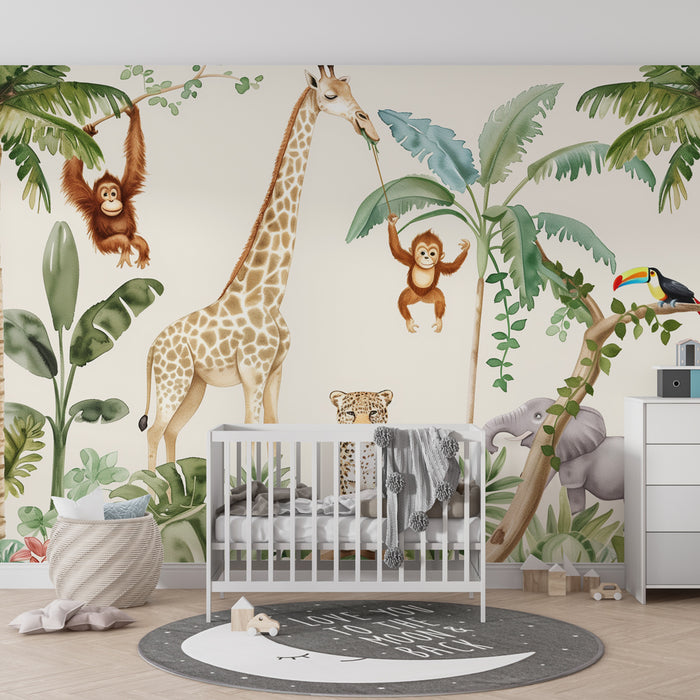Papel de parede criança | Selva exótica com animais e folhagem luxuriante