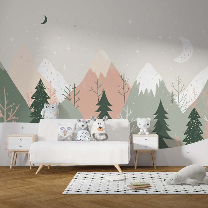 Papel de parede criança | Montanhas pastel e floresta encantada sob a lua